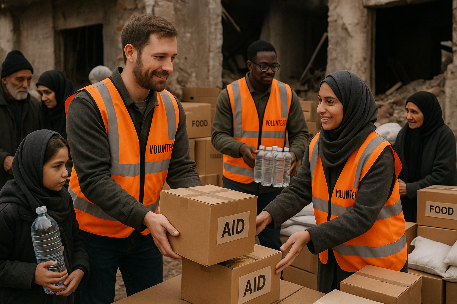 volunteers giving aid packages to communities suffering from war and poverty